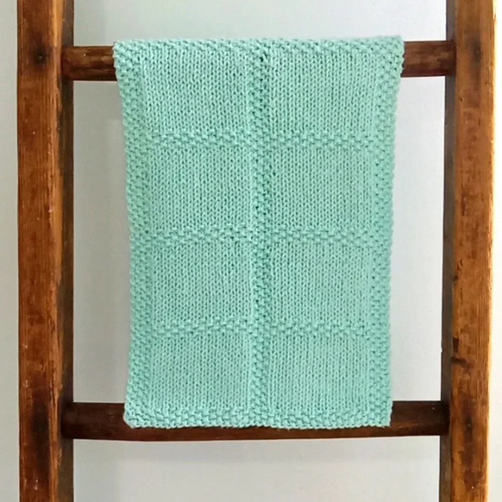 Handmade Handknit Aqua Blue Textured Windowpane Pattern Cotton Hand Towel